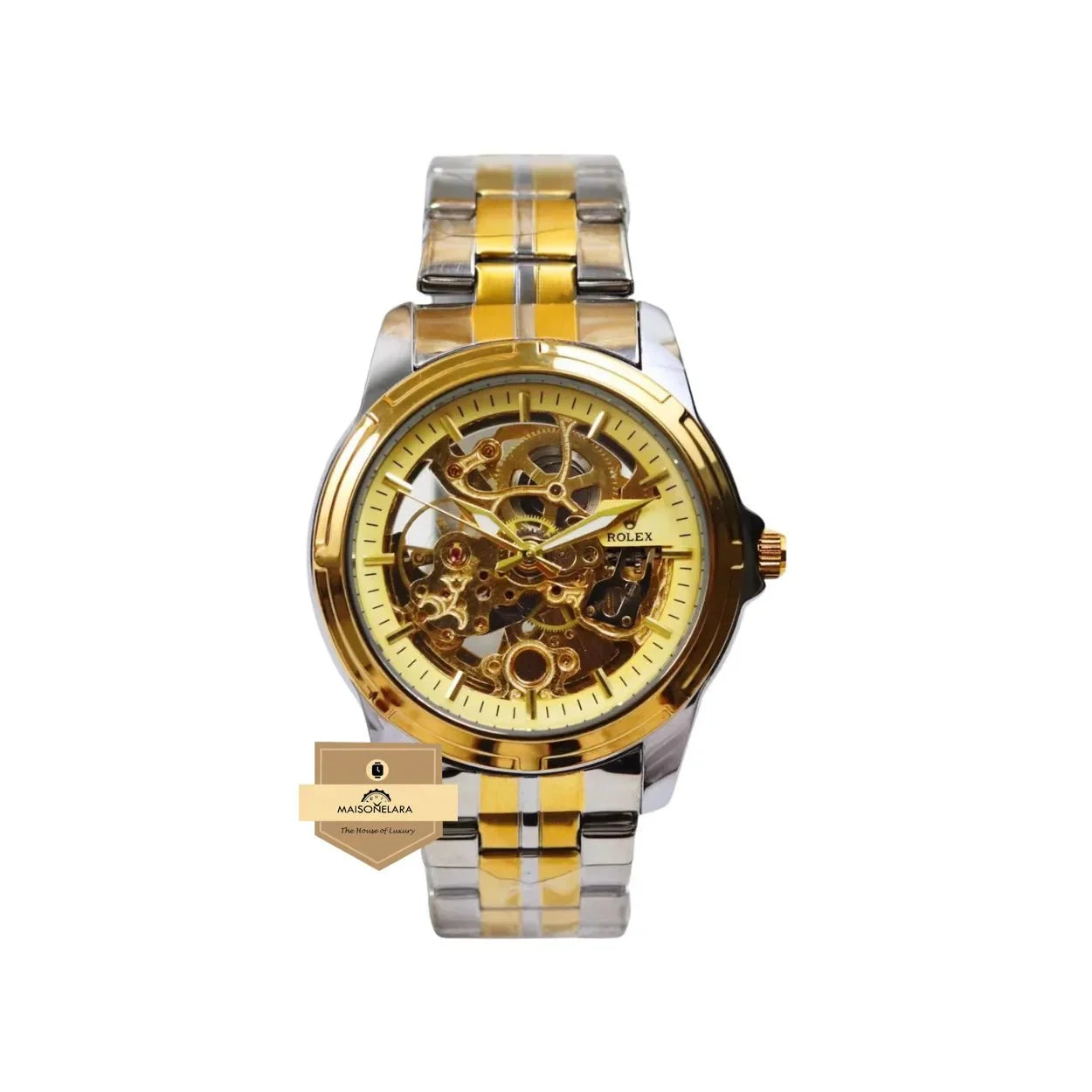 Rolex Golden White Skeleton Automatic - Two Tone SilvervGold Chain Premium Quality - MaisonElara
